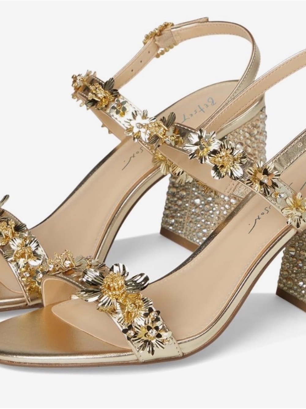 Betsy Johnson “Drue” Gold Floral Embellished Block Heel Sandals - Women 6.5